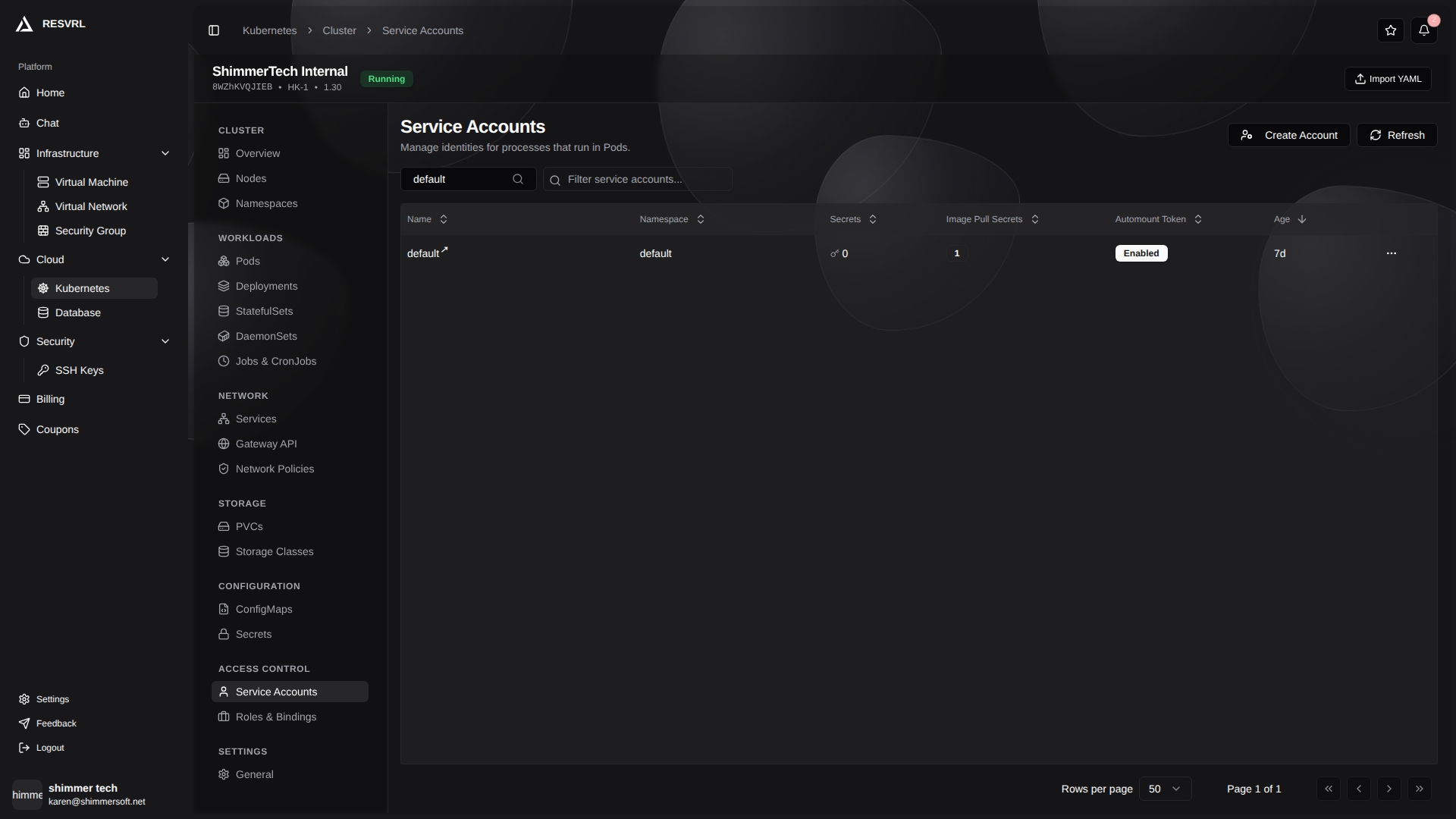 ServiceAccount 列表页