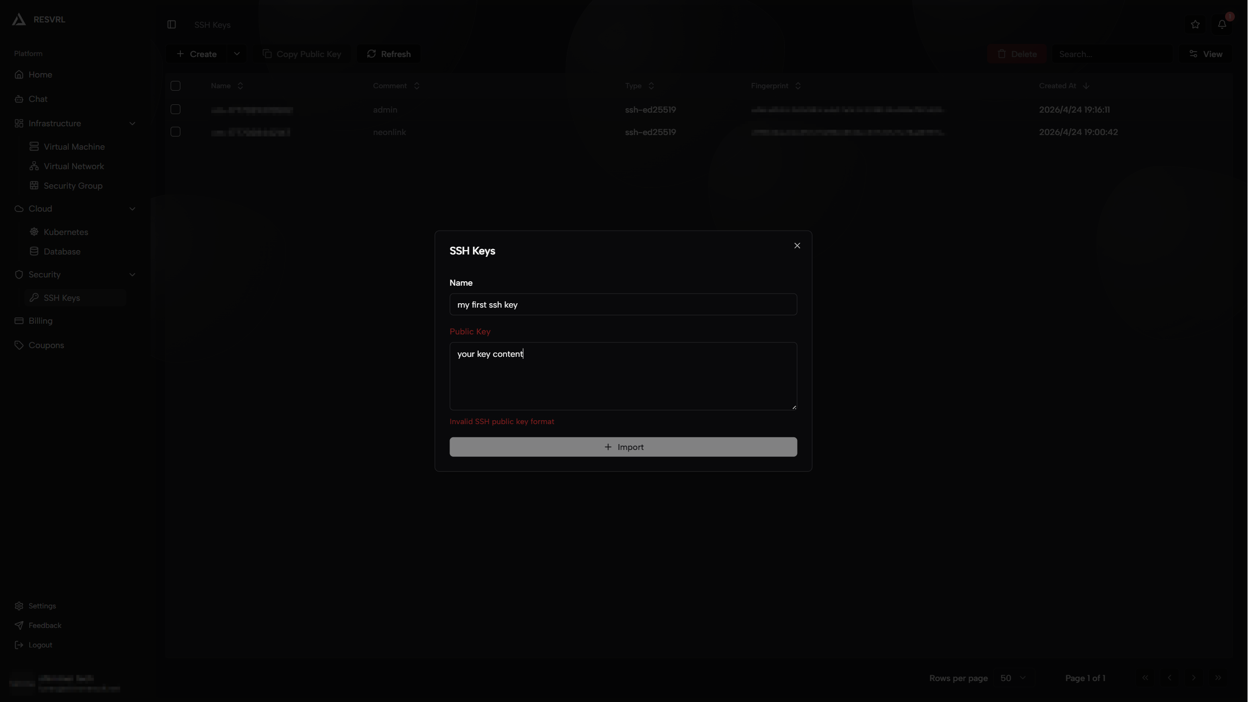 SSH key import